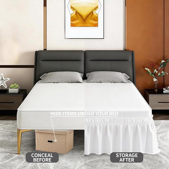 ANARACHON Twin Bed Skirt, Elastic Wrap Around Bed Skirt Twin Size, Bed Skirts for Adjustable Bed, Easy Fit with 14" Drop Length Tailored Drop Dust Ruffle (White)