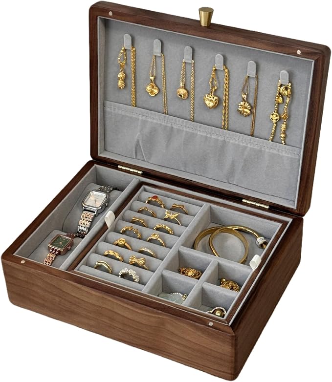 Bescott 2 Layer Solid Black Walnut Wooden Jewelry Box for Women Wood Vintage Organizer for Men Earrings Rings Necklaces Bracelet Watch Storage