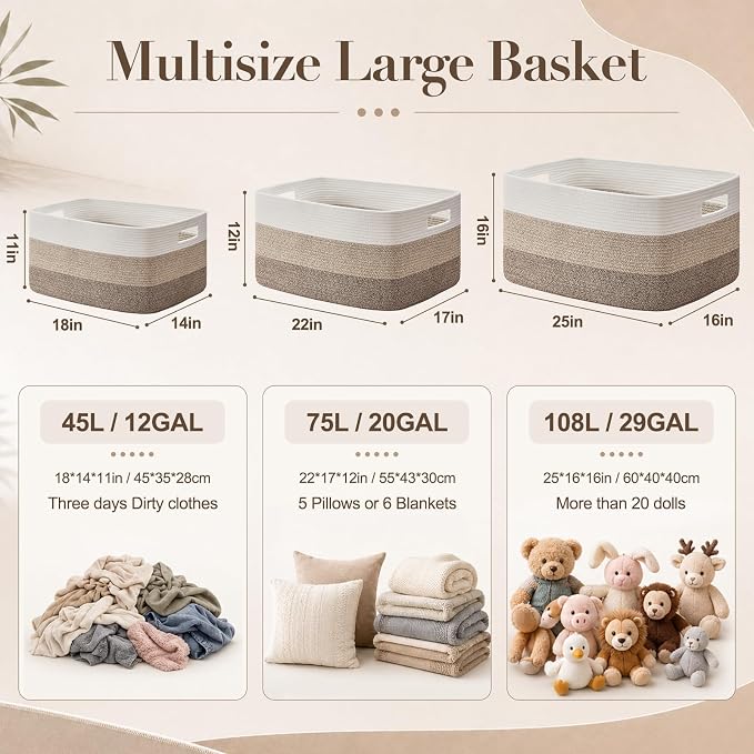 OIAHOMY Large Blanket Basket, 22”x17”x12” Rectangle Woven Baskets, Nursery Blanket Storage Living Room, Toy Storage With Handle, Large Baskets for Organizing-Gradient Grey (Pack of 2)