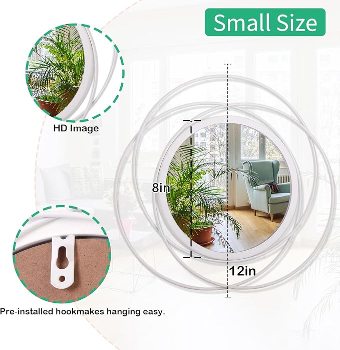 Wall Mirror Mounted Round Decorative Mirrors with Iron Metal Wire Frame Mirror for Wall, Home Decorative Bathroom Vanity, Living Room or Bedroom White Small 12"