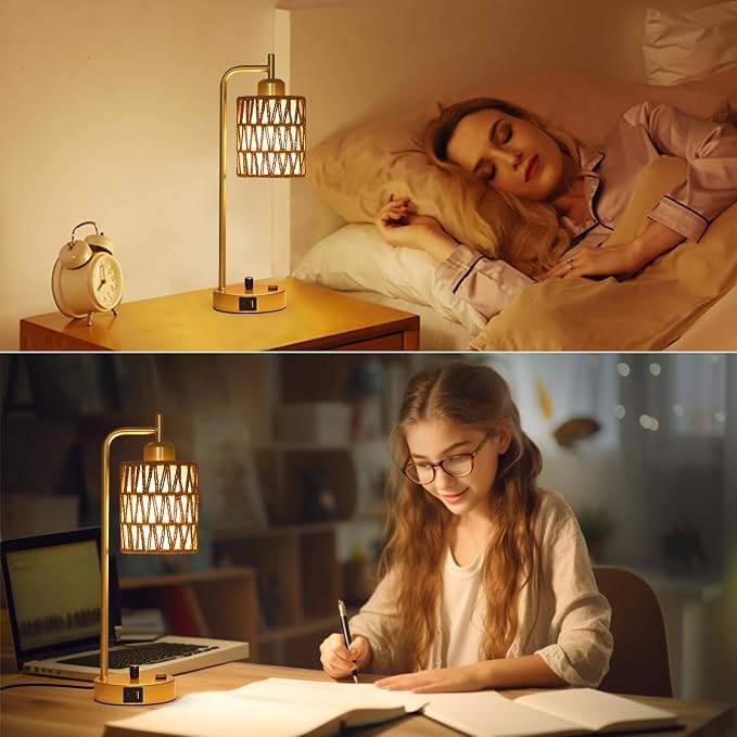 Gold Lamp for Bedroom, Boho Rattan Table Lamps Set of 2 with LED Bulbs, Bedside Lamps for Night Stands with Wicker Shade, USB Port and Outlet, Modern Side Desk Lamp for Living Room Office