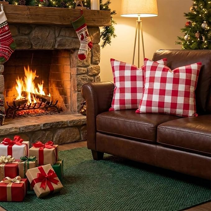 Red and White Buffalo Check Plaid Outdoor Throw Pillow Cover 18x18 Set of 2 | Soft Red Couch Pillow Covers 18 x 18, Red and White Buffalo Plaid Christmas Pillow Covers Set of 2, Outdoor Porch Pillows