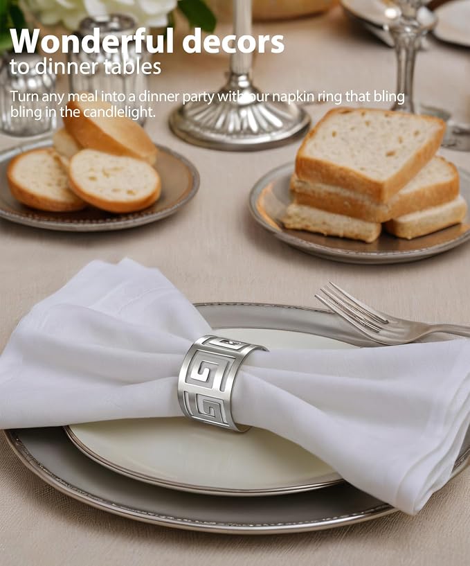 Hollow Out Design Napkin Rings Holder, Silver, Set of 12 | Luxurious Hollow Out Design, Exceptional Craftsmanship, For Wedding Dinning Birthday Parties