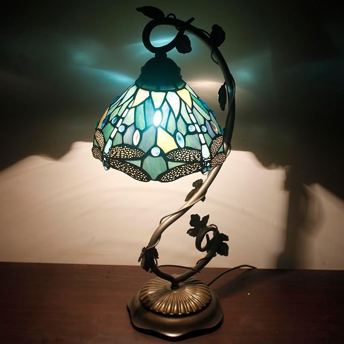 WERFACTORY Tiffany Lamp Sea Blue Stained Glass Dragonfly Style Table Light
