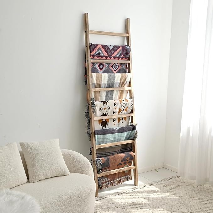 FUIN Blanket Ladder, 24 in Wide 11-Rung Wood Rustic Decor Rack | 11 rungs and 24in wide, Solid wood visible grain, Angled lean-to design, Anti-slip support, Living room and bathroom use