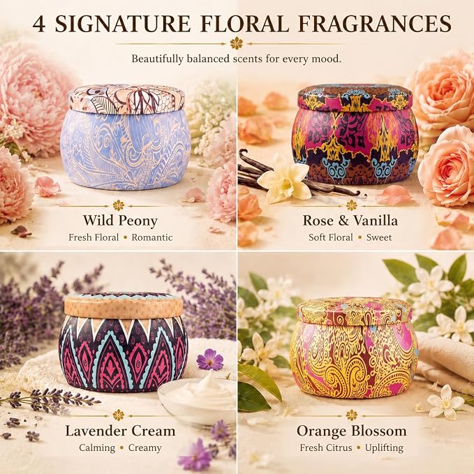 Scented Candles for Women, 4 Pack Candle Gift Set, Natural Soy Candles