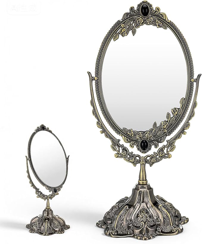 Vintage Double Side Makeup Mirror Floral Tabletop Oval Vanity Swivel Double-Sided-Mirror Vintage Swivel Double Sided Cosmetic Mirror with Stand for Dressing Room Bedroom (Bronze)