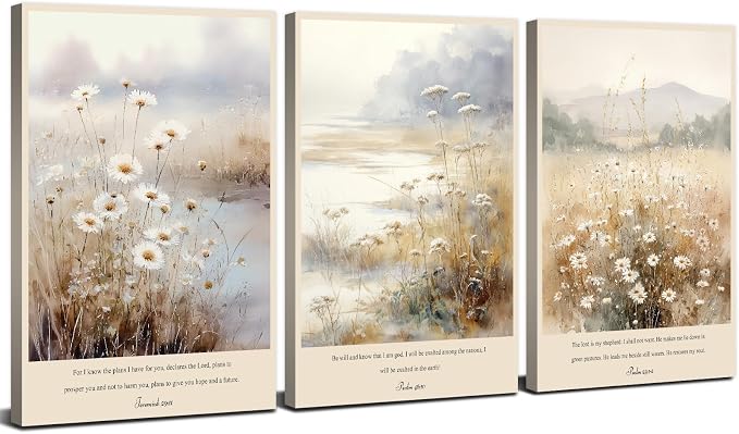 Bible Verse Wall Art Isaiah Religious Faith Art Poster Prints for Living Room Framed Christian Floral Scripture Paintings Wildflower Meadow Bible Verse Posters for Home Decorations 24x36 3Pcs