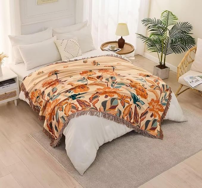 Boho Throw Blanket for Bed 100% Cotton Bohemian Blankets Ultra Soft Woven Muslin Decorative Blankets All Seasons Vintage Quilt Knitted Blanket for Sofa Chair(Orange, 60"x80")