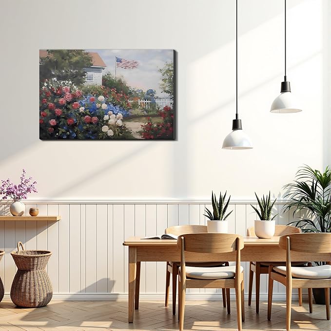 Framed American Flag Cottage Rose Garden Wall Art, Patriotic Floral Canvas Art Pictures, USA Flag Wall Decor for Living Room Bedroom Bathroom, Ready to Hang Made in USA