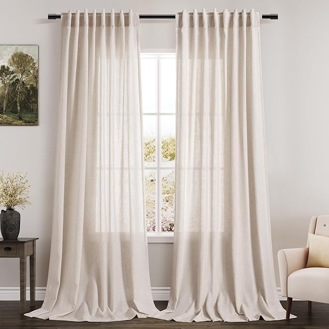 Beige Semi Sheer Linen Curtains 90 Inches Long for Living Room 2 Panels Set Back Tab Rod Pocket Linen Tall Vertical Curtains Light Filter Privacy Curtain Drapes for Bedroom Aesthetic 60x90
