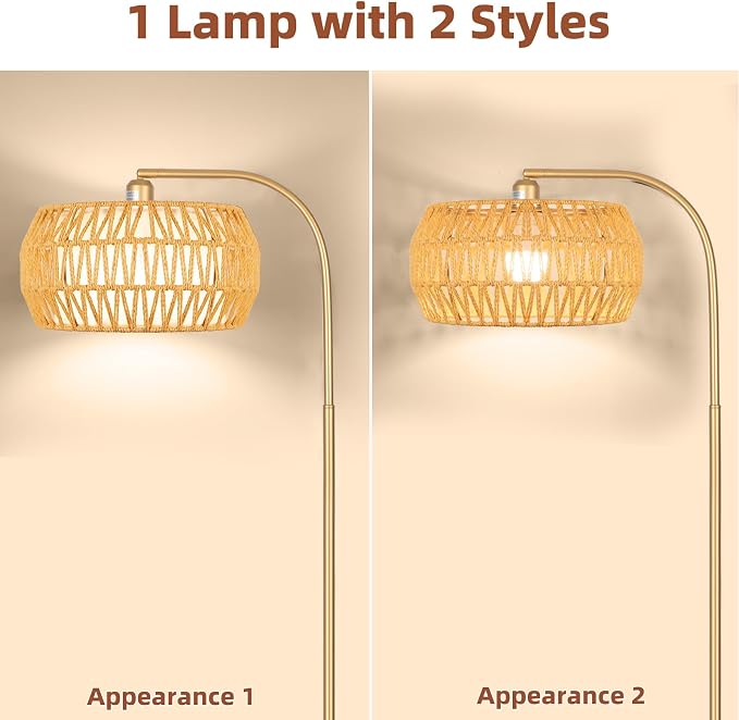 Brilvibera Boho Gold Farmhouse Floor Lamp- Rattan Lamp with Remote and Bulb