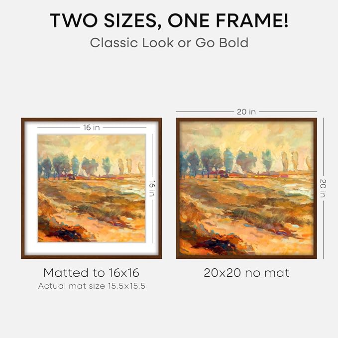 Homeforia 20x20 Brown Oak Picture Frame, High-End Wood, 16x16 Mat, Glass