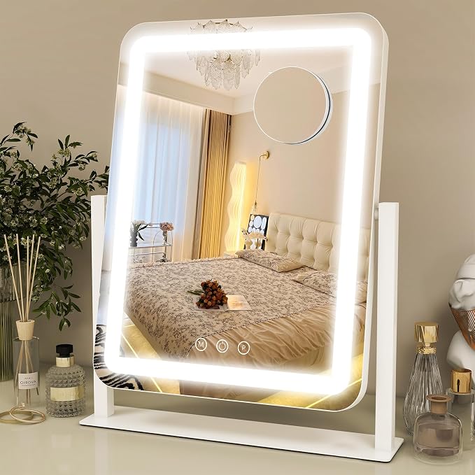 ROLOVE Vanity Mirror with Lights 14.6x13 Inch, Smart Touch Control, 3 Color Lighting Modes, Table Top Mirror with Stand for Bedroom