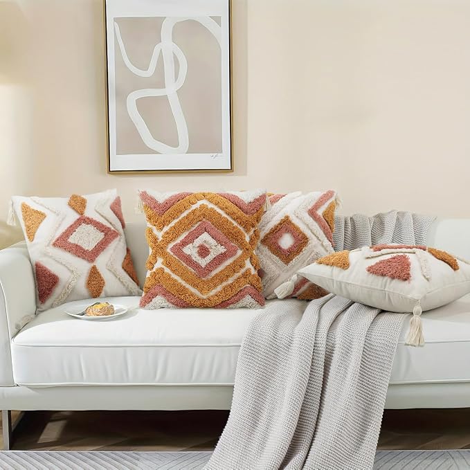 Merrycolor Boho Throw Pillow Covers 18x18 with Tassels, Decorative Pillow Covers Woven Tufted Bohemian Pillow Covers for Couch Sofa Bedroom Living Room