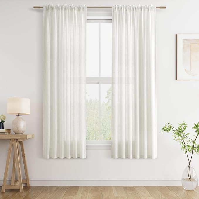Linen Curtains 63 Inches Long 2 Panel Set Rod Pocket Semi Sheer Dining Room Cozy Bedroom Decor Cotton Look Country Rustic Farmhouse Boho Curtains Beige White, 52x63