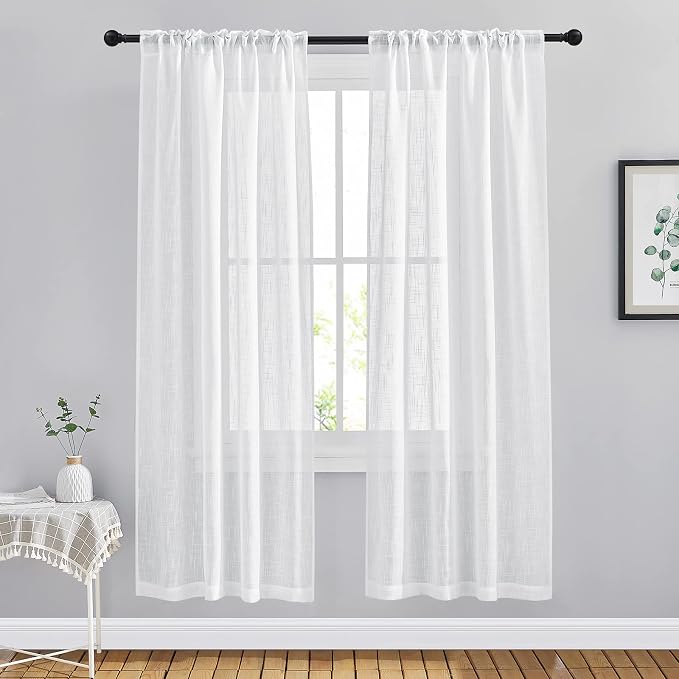 NICETOWN Semi Sheer Linen Curtains for Bedroom, Rod Pockets & Back Tab Linen Sheer Window Treatments Privacy with Light Penetration for Flat/Apartment, White, W42 by L72, Set of 2