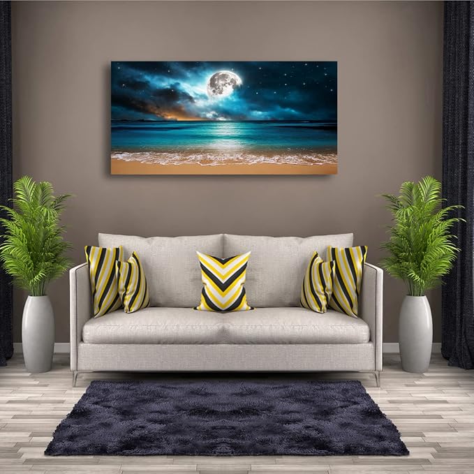 Beach Wall Art Canvas Prints Moon Ocean Landscape Picture Home Decor Natural Seascape Paintings for Living room Bathroom Bedroom Office Kitchen Decorations Modern Artwork Wood Framed 20x40inches