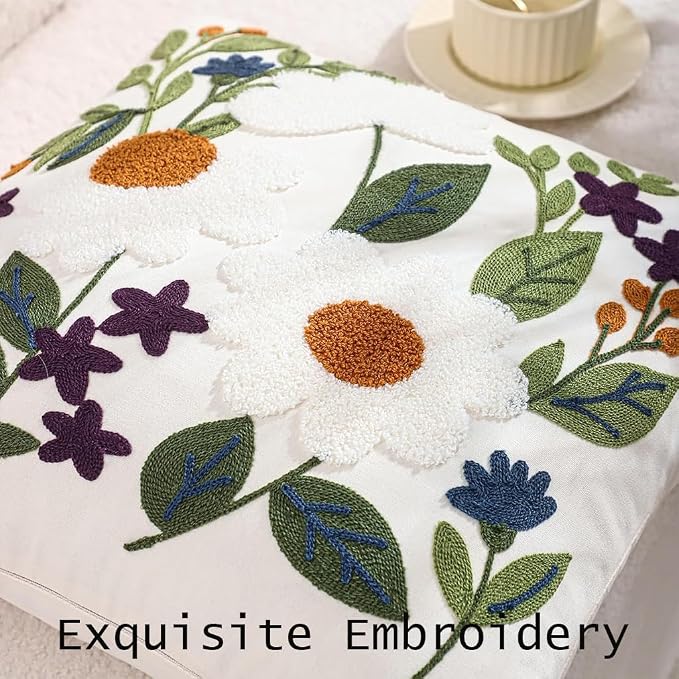 Embroidered Throw Pillow Covers 18x18 Pack of 2 Green Leaves Daisy Pillow Covers Floral Pillowcases Farmhouse Pillow Cushion Cases Square Flower Boho Pillow Case Summer Decor
