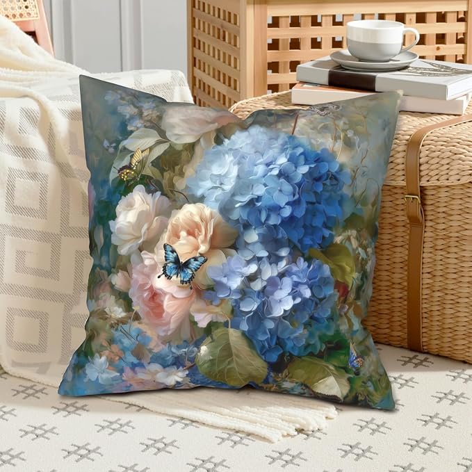 Vintage Rose Hydrangea Pillow Covers Oil Painting Floral Throw Pillow Covers Spring Summer Pillow Case 24x24 Blue Pink Flowers Cushion Case for Living Room Couch Sofa Set of 2