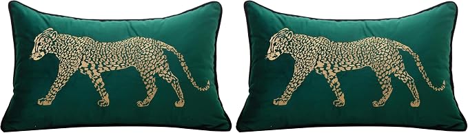 vctops Soft Velvet Embroidery Lumbar Decorative Throw Pillow Covers Leopard Pattern Cushion Case for Sofa Bedroom Couch (Green,12"x20") (Pack of 2)