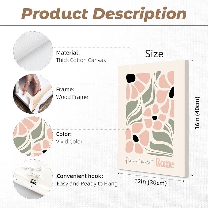 Baccone Boho Botanical Wall Art Prints Blush Pink Canvas Wall Decor Flower Market Wall Art Poster Abstract Aesthetic Pictures Pink Floral Artwork for Room Bedroom Set of 6 12x16 Inch Wrapped Canvas