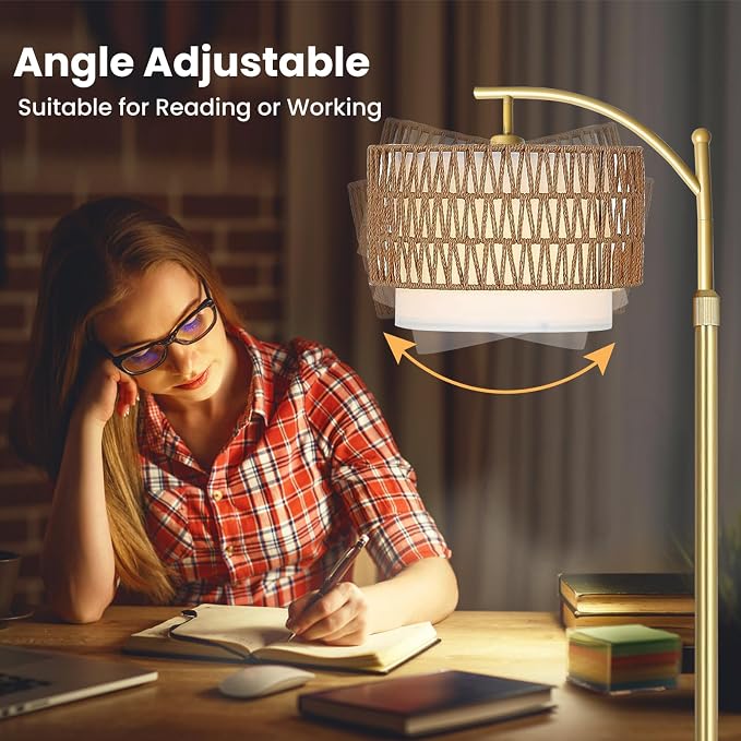 Yusist Arc Floor Lamp for Living Room,Gold Floor Lamps with Remote Control & Dimmable Bulb,Rattan Boho Tall Standing Lamp for Bedroom Office