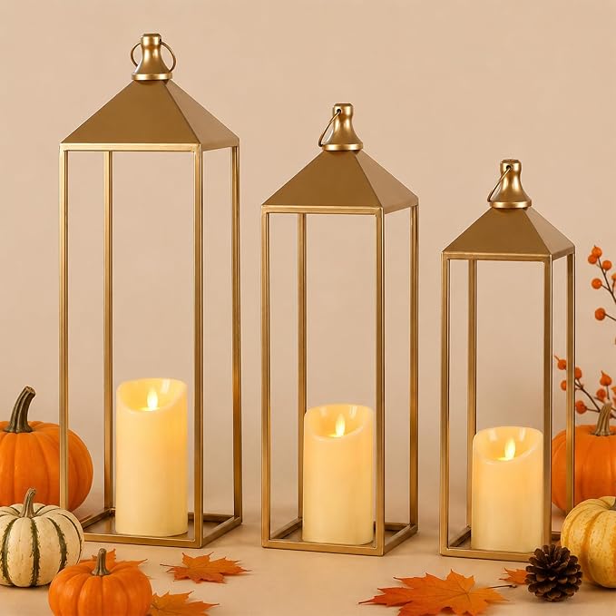 3 Pcs Large Gold Decorative Lanterns with Candles, Metal Candle Lantern | 22" 19" 17" Lanterns Decorative Outdoor Indoor for Covered Porch Patio Fireplace Mantel, Floor, Fall, Festival, No Glass