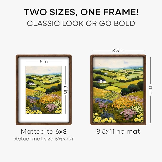 Homeforia 8.5x11 Mortise&Tenon Walnut Picture Frame, 6x8 Mat, Glass