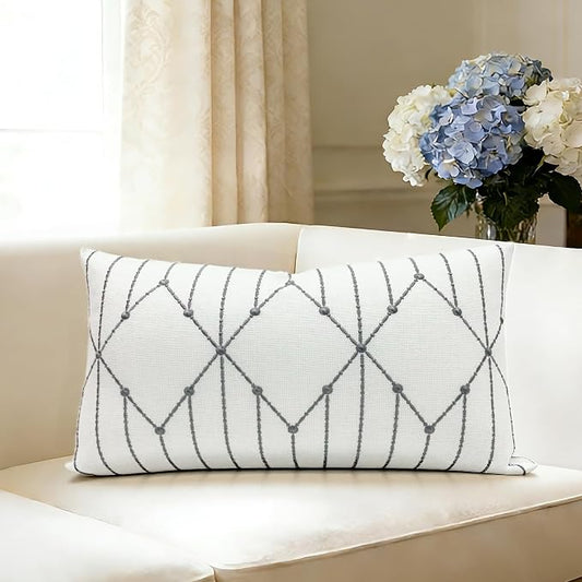Slow Cow Linen Embroidery Rectangular Pillow Cover Cushion Cover Decorative Lumbar Throw Pillow Cover for Couch Sofa 12 x 20 Inches Dark Gray