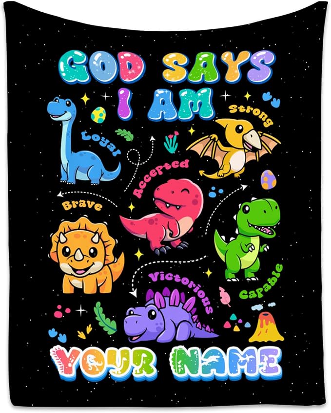 Personalized Dinosaur Blanket with Name, Dinosaur Gifts for Boys Toddler Child, God Says I Am Blanket for Kids, Inspirational Gifts for Son, Soft Kids Throw Blankets for Sofa Bed, 50"x60"