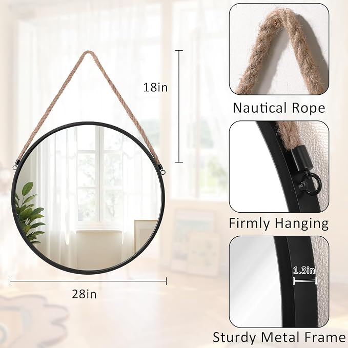 Hanging Mirror Black Round Metal Framed Circle Wall Mirrors with Rope Modern for Bathroom Bedroom Living Room Entryway Home Decorative 28"
