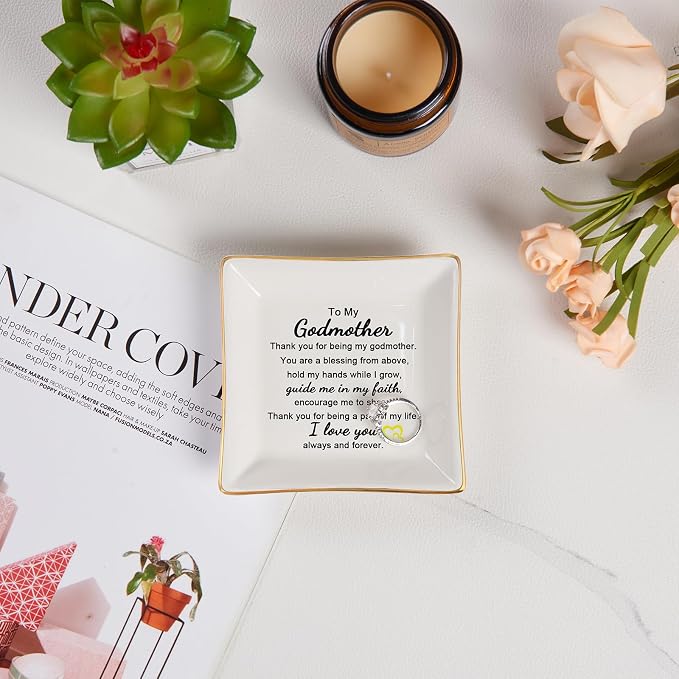 Piudee Godmother Gift - Thank You for Being My Godmother Jewelry Dish Trinket Tray, Godmom Birthday Mother's Day Christmas Gifts for Godmother, Godmother Gifts from Godchild