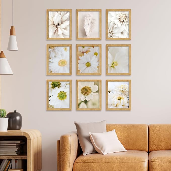 YESKAY 8x10 Picture Frame Set of 9, Display Pictures 5x7 with Mat or 8 x 10 Without Mat, Multi Photo Frames for Wall Mounting or Table Top Display, Natural Oak