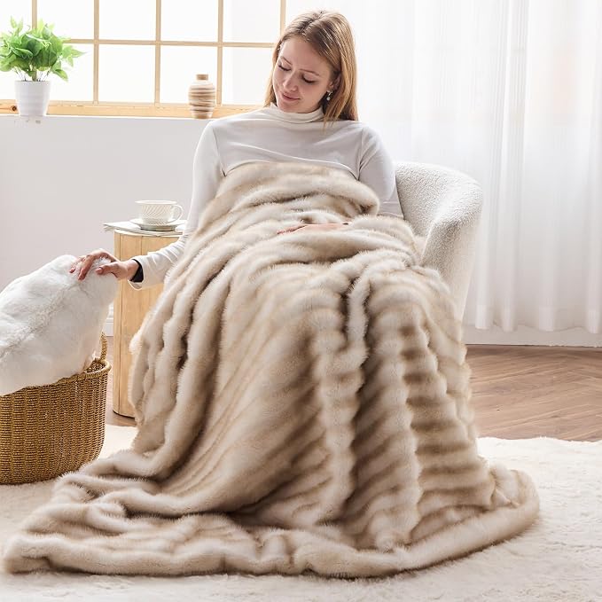 NEWCOSPLAY Faux Fur Thick Throw Blanket for Couch, Stripe Brown, 50"x60" | Luxury Fluffy Thick Warm Blanket for Couch Sofa Bed 1000GSM, Soft Plush Cozy Decorative Throw, Gift for Women Men
