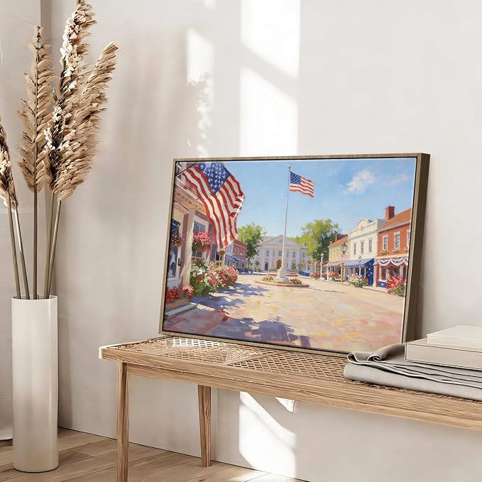 American Flag Framed Canvas Wall Art, 4th of July Patriotic Canvas Prints | USA Flag with Small Town Street Poster Print, Independence Day Wall Decor for Bedroom Living Room 6×8in