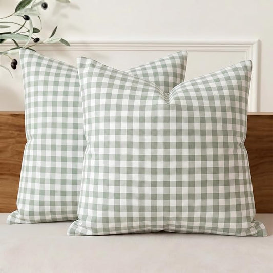 CARRIE HOME Set of 2 Farmhouse Sage Green Gingham Throw Pillow Covers 18x18 Checkered Plaid Decorative Pillow Cover Classic Retro Plaid Decor for Room Patio and Porch, Grey Green and White Gingham