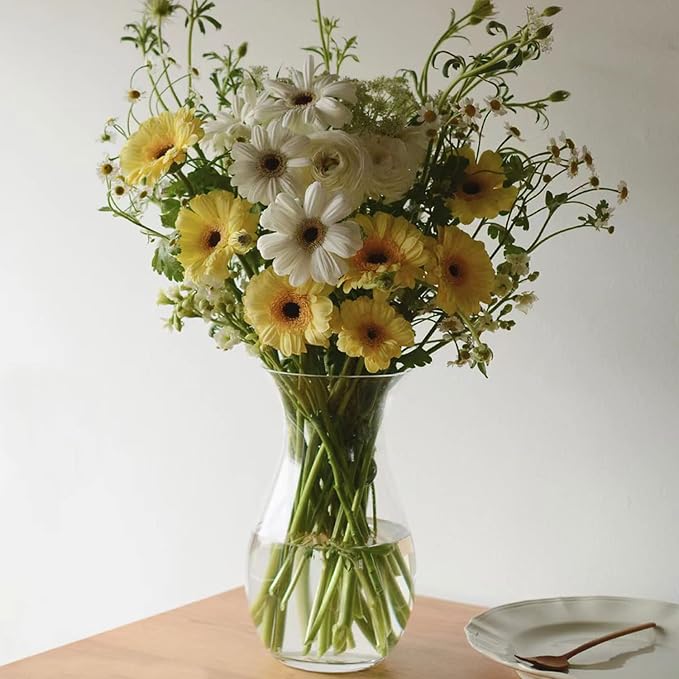 Clear Glass Vase for Flowers, 4.5" Dia 9" H Decorative Flower Vase | Wide Mouth Vase with Thickened Base, Modern Vase for Farmhouse, Glass Vase for Home Deocr, Centerpieces, Housewarming Gift