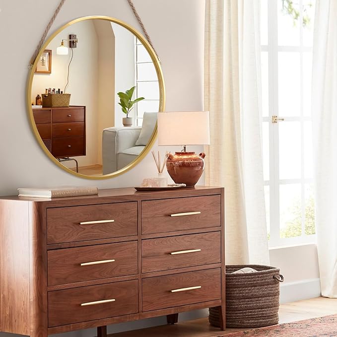 Hanging Mirror Circle Mirror Farmhouse Gold Large Round Hanging Wall Mirror Artistic with Rope for Bathroom Bedroom Vanity Living Room Entryway 24"