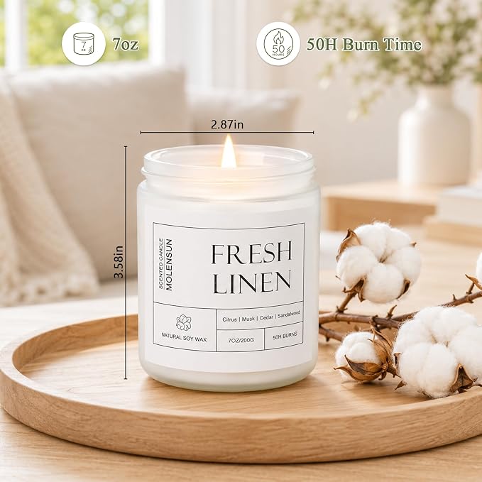 Molensun Fresh Linen Scented Candle, 7 oz Soy Wax Candle