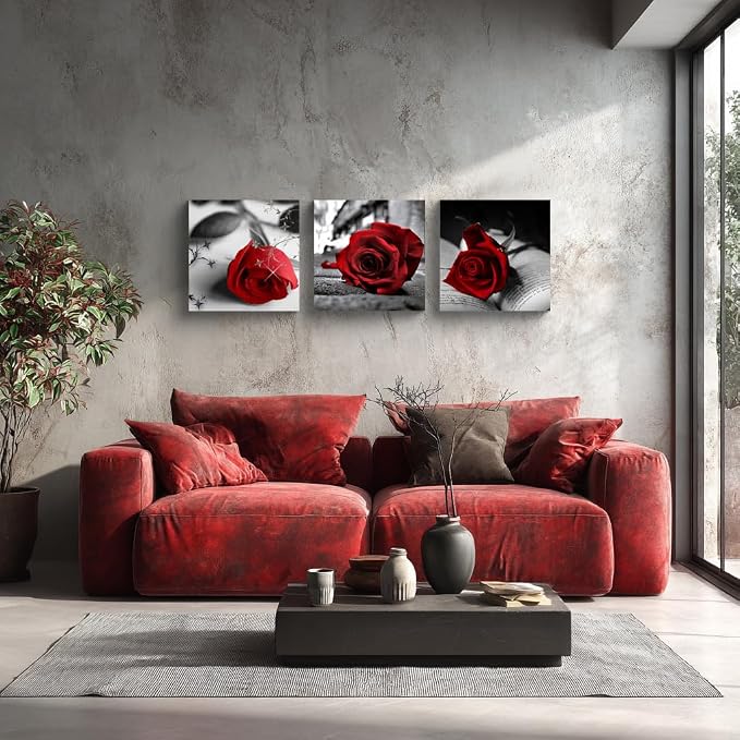 NAN Wind Canvas Print 3 Pcs Black and White Red Rose Canvas Art Painting Abstract Wall Art Decorations Flower Picture on Canvas for Home Decor Stretched and Framed (14X14inchX3pcs, A-Rose)