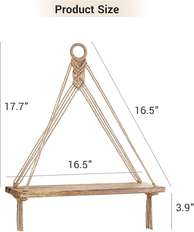 Mkono Macrame Hanging Shelves Boho Wall Decor Set of 2 Floating Wood Shelf