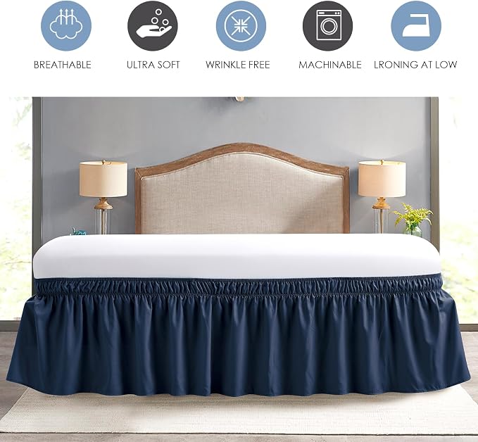 FreshCulture Full Bed Skirt, Elastic Wrap Around Bed Skirt Full Bed, Easy Fit with 18-Inch Tailored Drop, Hotel Quality Dust Ruffle for Full Size Bed, Bed Skirt Full Size (Navy Blue)