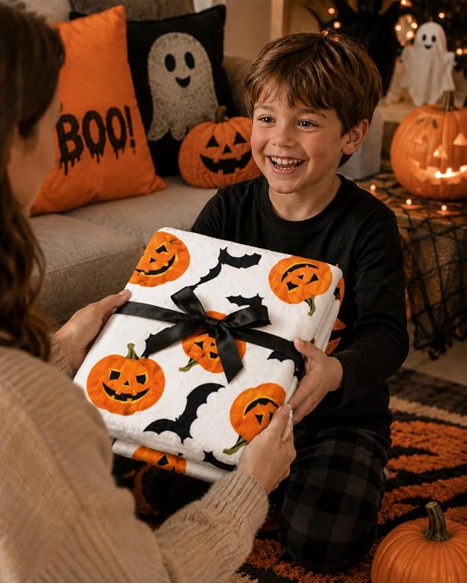 Serafina Home Halloween Fleece Throw Blanket: Happy Jack O'Lantern Pumpkins and Black Bat Design on Soft Velvety Blanket for Sofa Bed Couch Chair Dorm, 50" x 60"