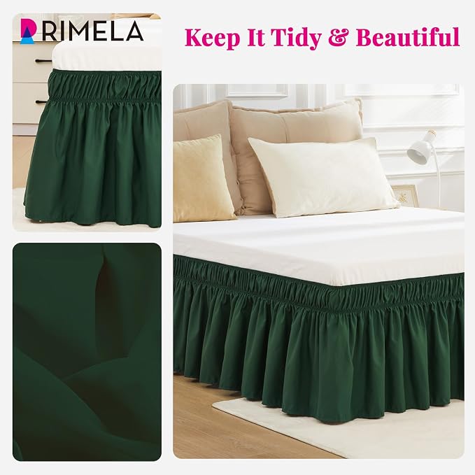 Dark Green Bed Skirt King Size 15" Drop, Elastic Wrap Around Bedskirt | Solid Ruffled, Easy to Use, No Mattress Lifting, Wrinkle & Fade Resistant, with Adhesive Strips, Machine Wash/Dry/Iron
