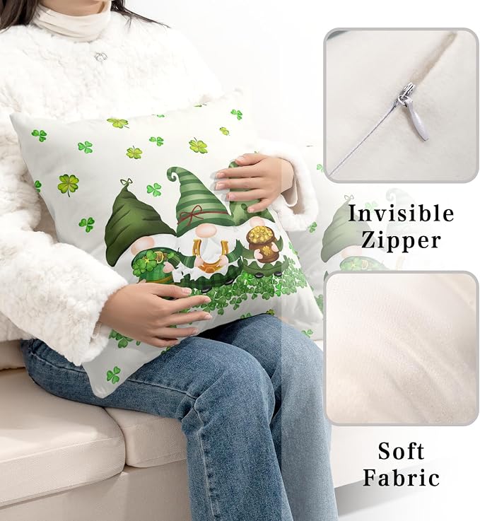 Lucky Shamrocks Gnomes Pillow Cases 20x20 Set of 2 March Holiday Throw Pillow Covers Soft Cotton Blend Cushion Case St Patricks Day Decorations for Couch Sofa Bedroom Home
