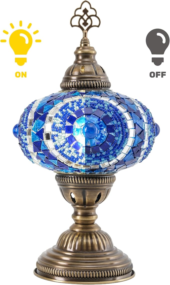 Turkish Lamp, Mosaic Table Lamp, Antique Moroccan Decorative Glass Bohemian Vintage Lamp Shade, Small Desk Tiffany Bedside Stained Glass Lamp with US Plug and E12 Socket