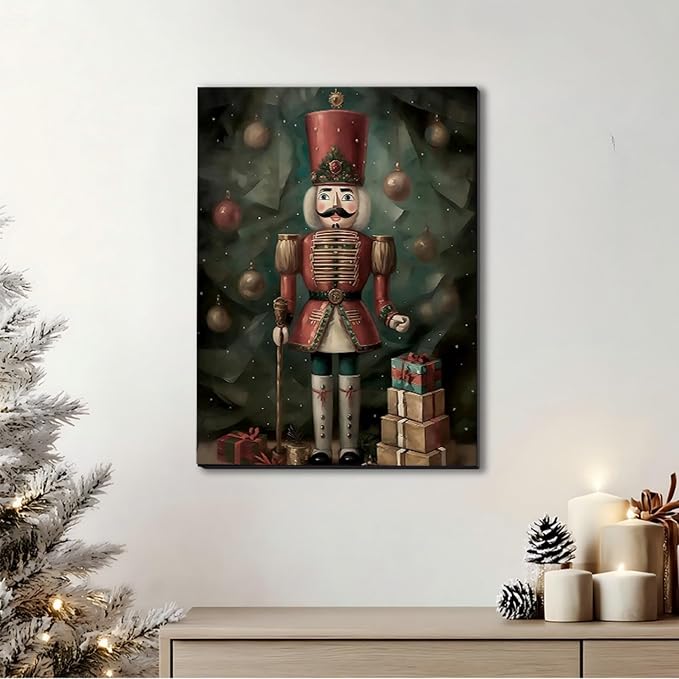Vintage Christmas Wall Art Canvas – Rustic Christmas Decor for Living Room & Bedroom – Framed Christmas Prints & Pictures for Home Decor