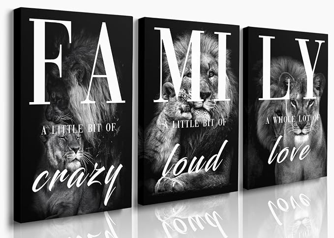 GUBIYU Black Gray Animal Wall Art Set of 3 Lion Prints - Family Wall Decor for Dining Room, Living Room - 16"x24" Modern Rustic Home Wall Art