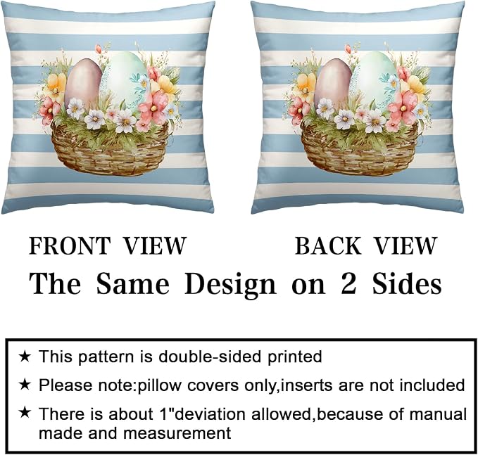 Blue and White Stripes Easter Pillows Decorative Throw Pillow Covers Flowers Colorful Eggs Bunny Pillow Cases 20 x 20 Set of 2 Spring Decoration for Indoor Living Room
